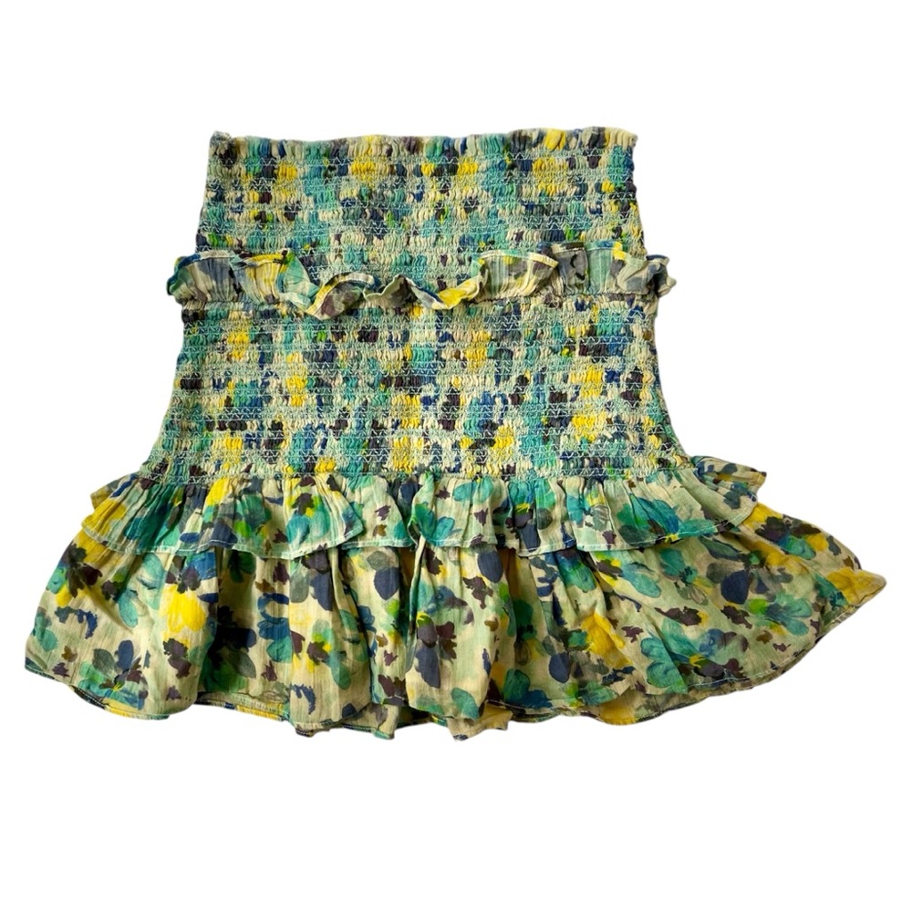 LoveShackFancy Green Yellow Cotton Ruffle Mini Skirt